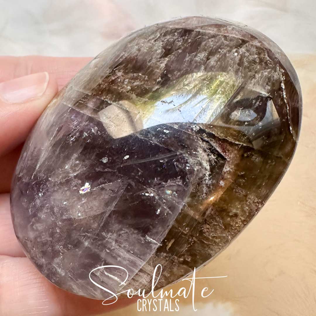 Soulmate Crystals Super Seven Cacoxenite Polished Crystal Energy Stone Pebble Palm Stone, Purple Black Crystal for Calm, Harmony, Goal Setting, Intentions.