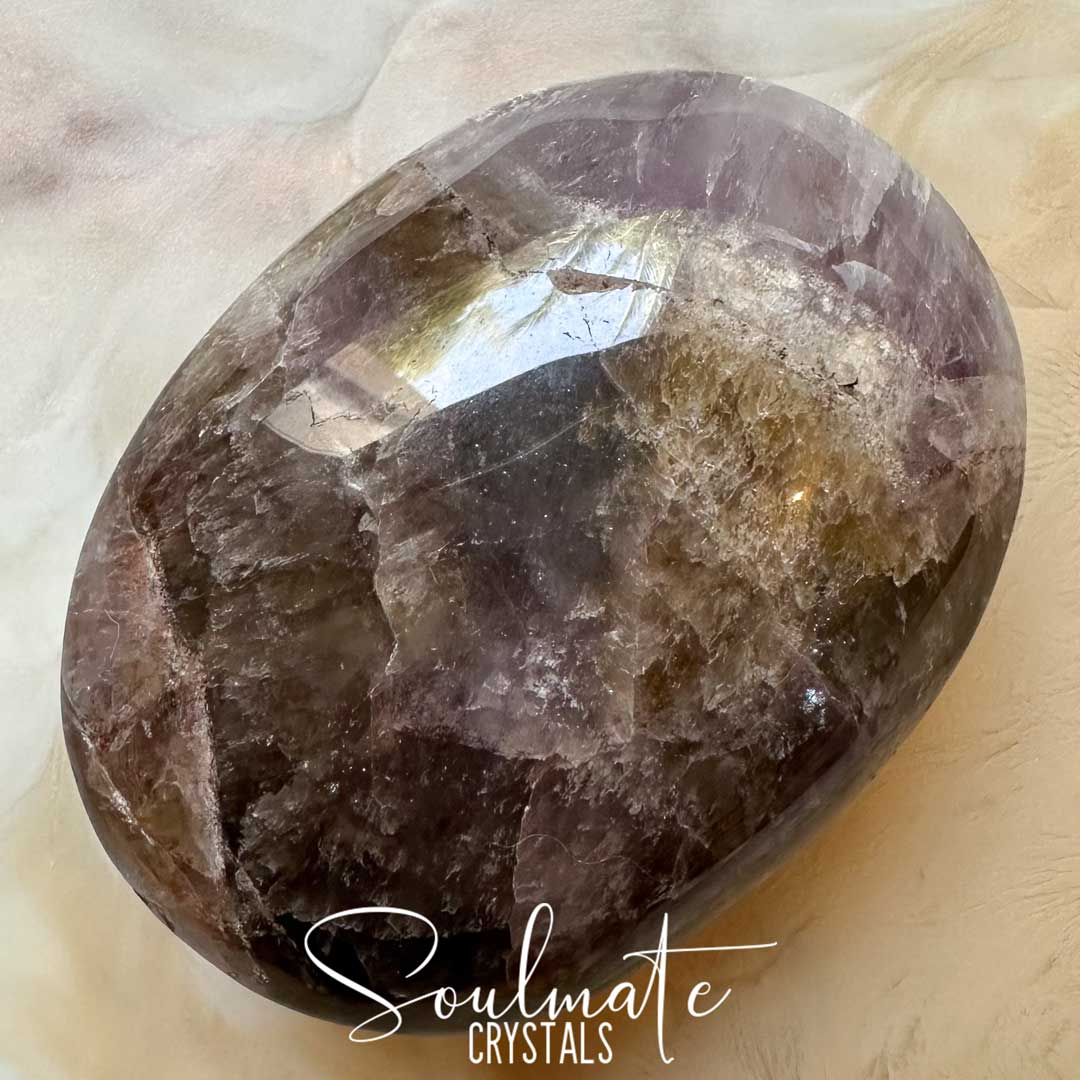 Soulmate Crystals Super Seven Cacoxenite Polished Crystal Energy Stone Pebble Palm Stone, Purple Black Crystal for Calm, Harmony, Goal Setting, Intentions.
