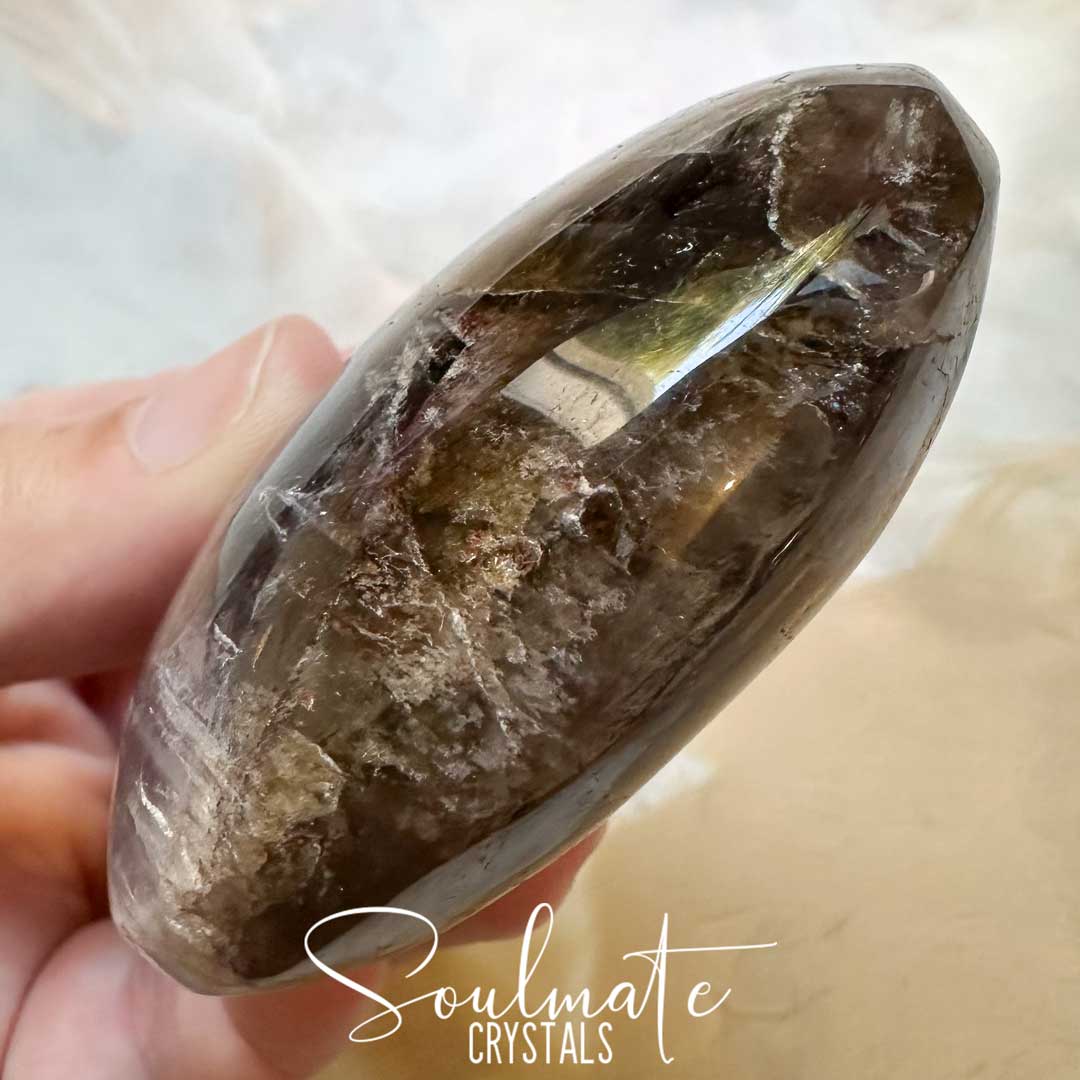Soulmate Crystals Super Seven Cacoxenite Polished Crystal Energy Stone Pebble Palm Stone, Purple Black Crystal for Calm, Harmony, Goal Setting, Intentions.