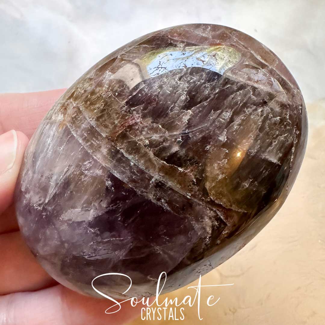 Soulmate Crystals Super Seven Cacoxenite Polished Crystal Energy Stone Pebble Palm Stone, Purple Black Crystal for Calm, Harmony, Goal Setting, Intentions.
