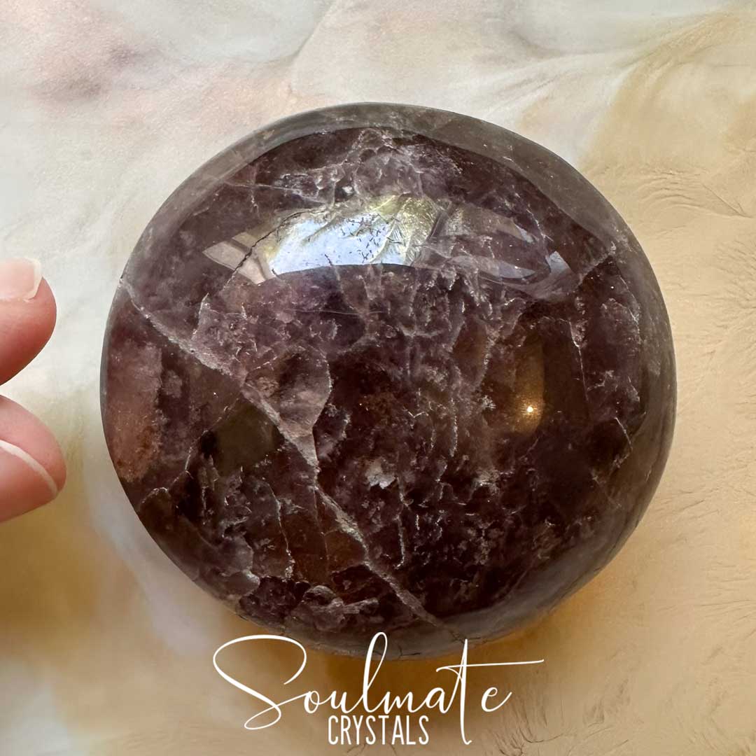 Soulmate Crystals Super Seven Cacoxenite Polished Crystal Energy Stone Pebble Palm Stone, Purple Black Crystal for Calm, Harmony, Goal Setting, Intentions.