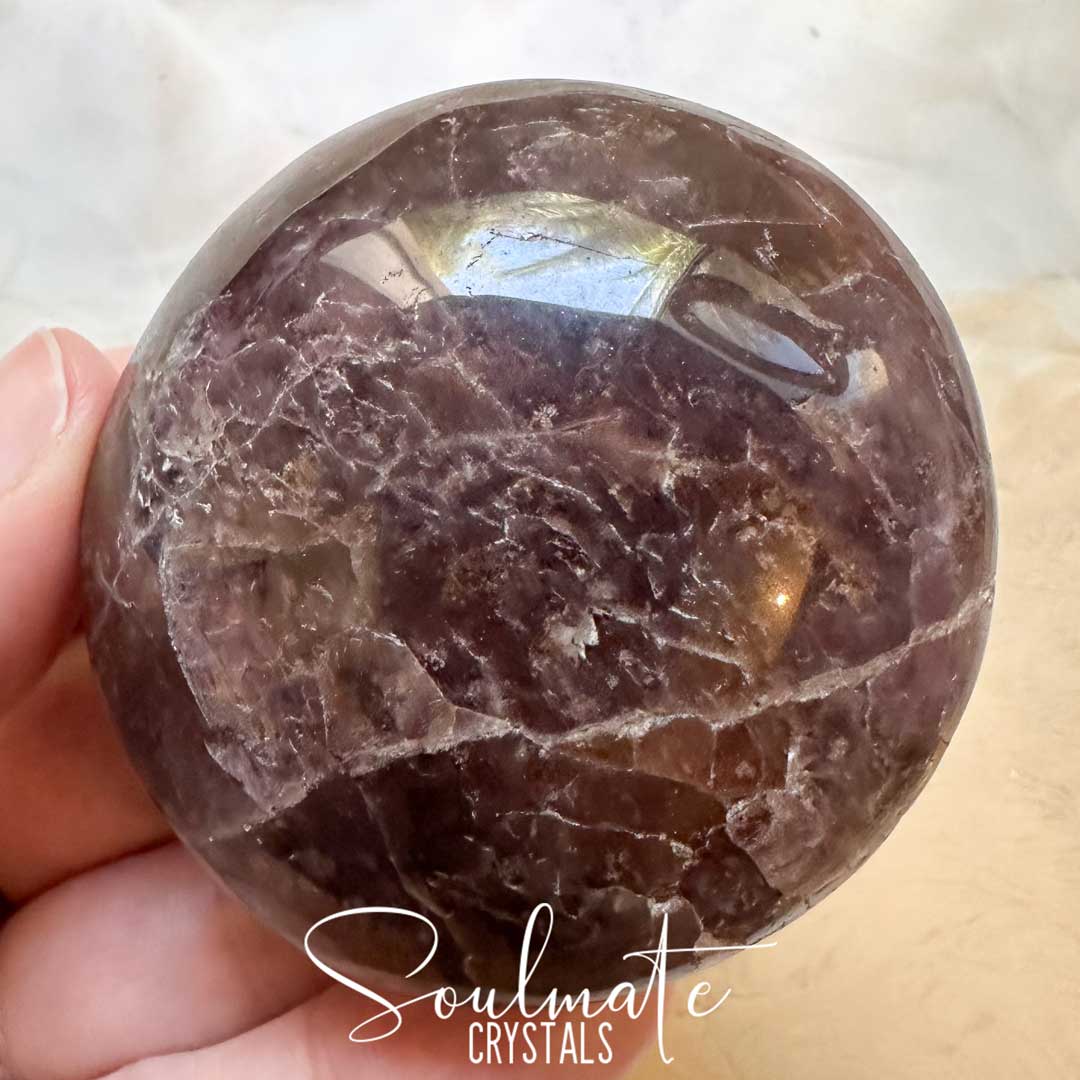 Soulmate Crystals Super Seven Cacoxenite Polished Crystal Energy Stone Pebble Palm Stone, Purple Black Crystal for Calm, Harmony, Goal Setting, Intentions.