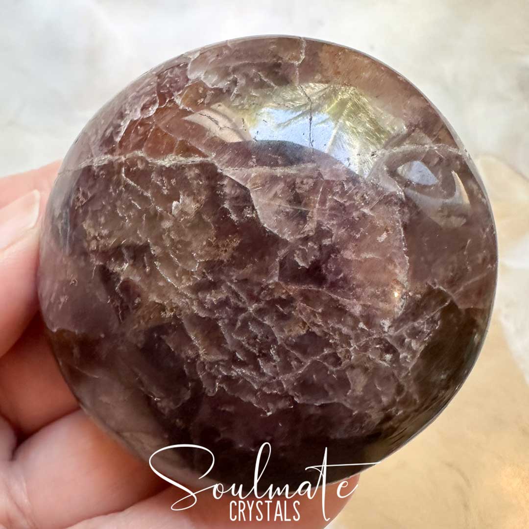Soulmate Crystals Super Seven Cacoxenite Polished Crystal Energy Stone Pebble Palm Stone, Purple Black Crystal for Calm, Harmony, Goal Setting, Intentions.