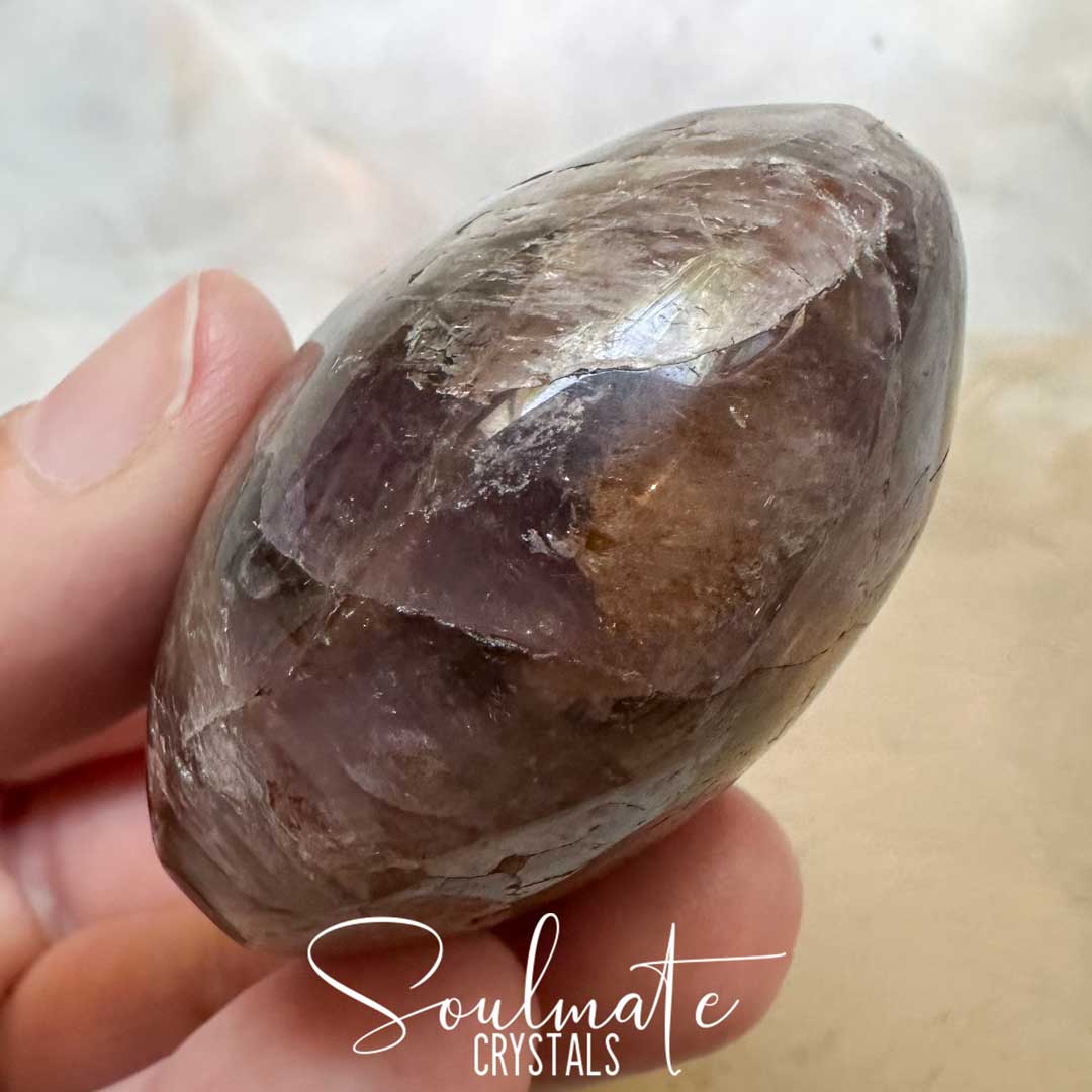Soulmate Crystals Super Seven Cacoxenite Polished Crystal Energy Stone Pebble Palm Stone, Purple Black Crystal for Calm, Harmony, Goal Setting, Intentions.