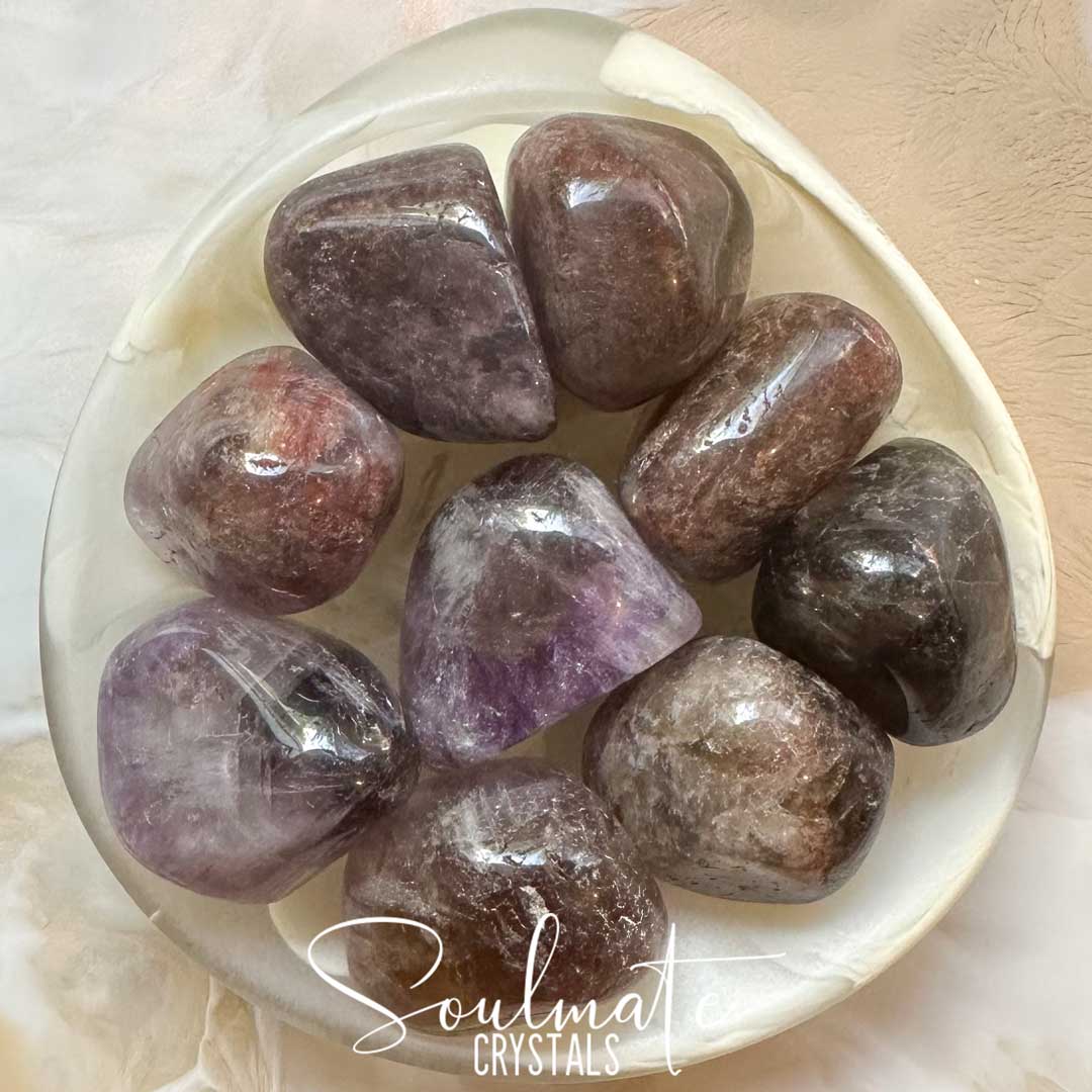 Soulmate Crystals Super Seven Cacoxenite Tumbled Stone, Purple Black Crystal for Calm, Harmony.