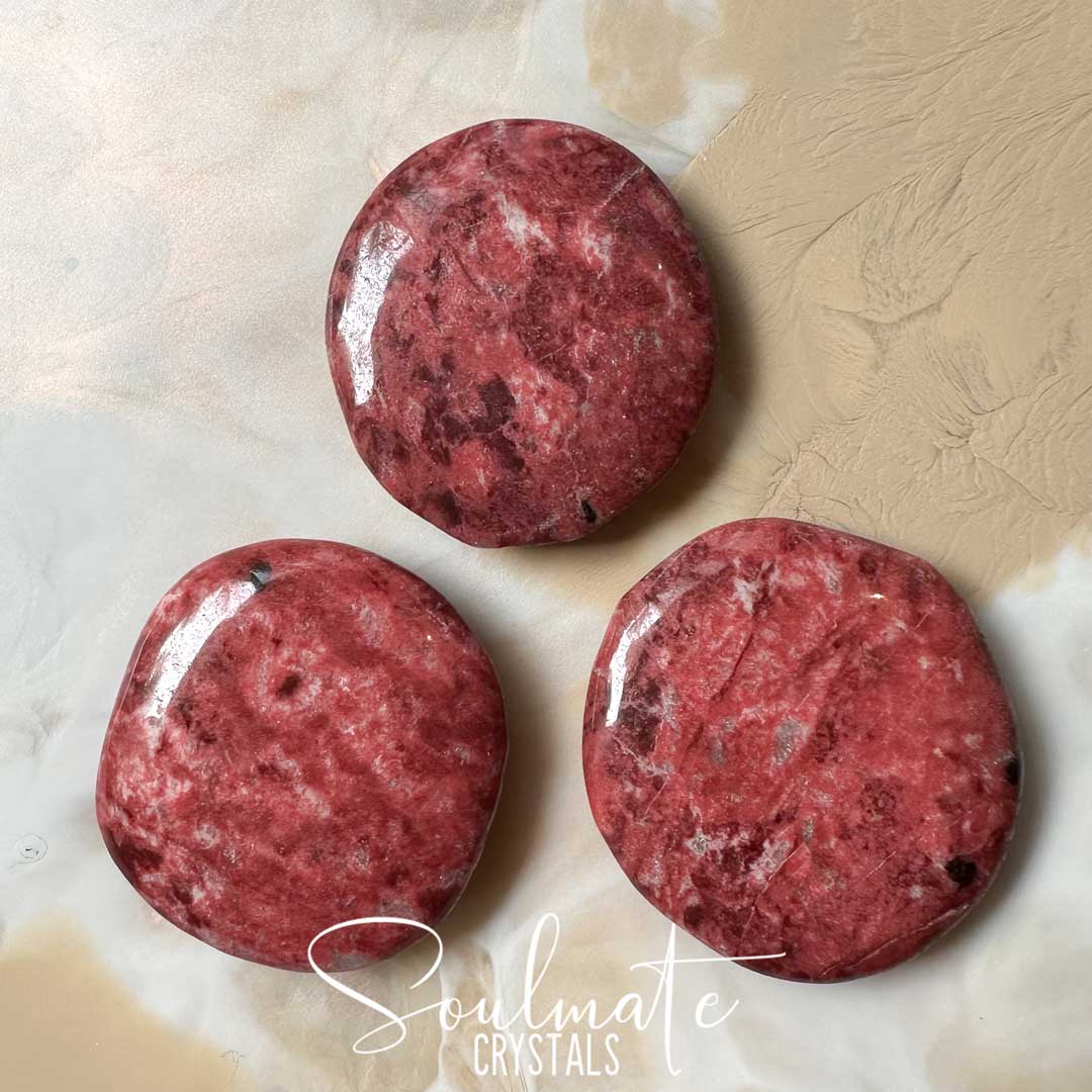 Soulmate Crystals Thulite Polished Crystal Palm Stone, Pink Reddish Crystal for Love, Harmony, Inner Self, Nurturing, Kindness, Relationships.