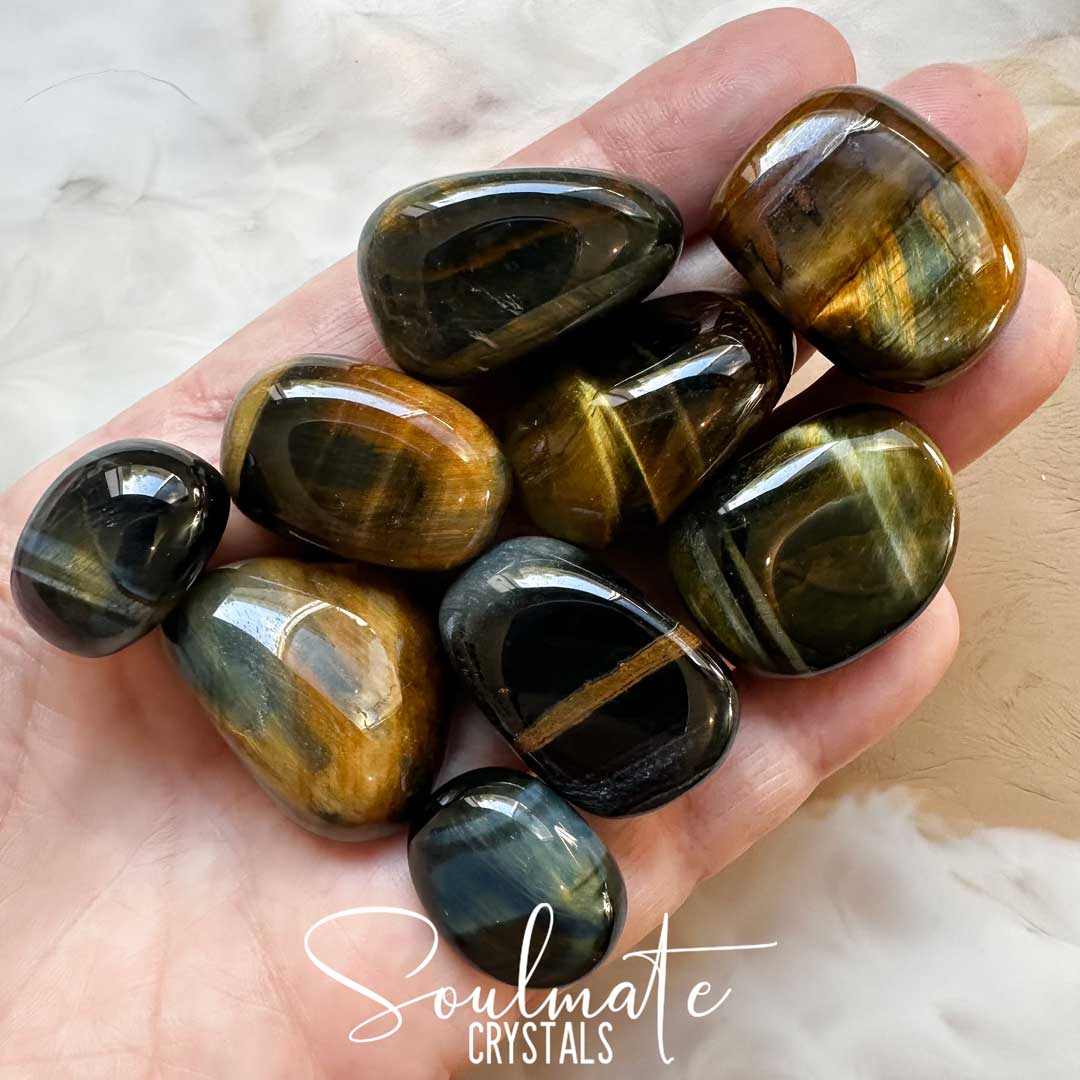 Soulmate Crystals Tiger Eye Blue Gold Tumbled Stone, Polished Chatoyant Gold Blue Crystal for Wisdom, Guidance and Protection.