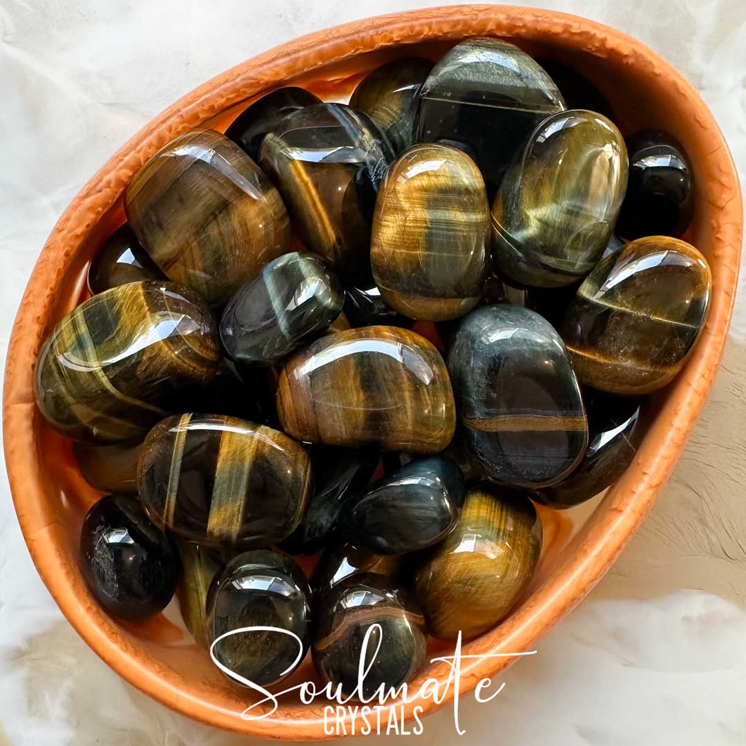 Soulmate Crystals Tiger Eye Blue Gold Tumbled Stone, Polished Chatoyant Gold Blue Crystal for Wisdom, Guidance and Protection.