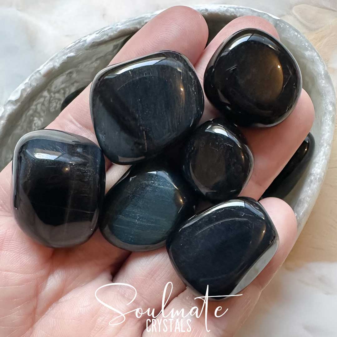Soulmate Crystals Tiger Eye Hawks Eye Tumbled Stone, Chatoyant Deep Midnight Blue Crystal for Calm, Wisdom, Protection, Clarity, Connectedness, Intuition, Vision.