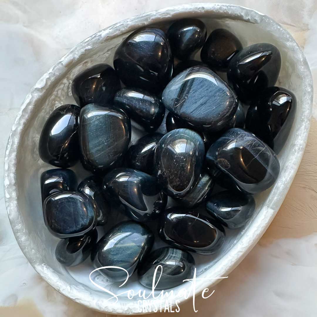Soulmate Crystals Tiger Eye Hawks Eye Tumbled Stone, Chatoyant Deep Midnight Blue Crystal for Calm, Wisdom, Protection, Clarity, Connectedness, Intuition, Vision.