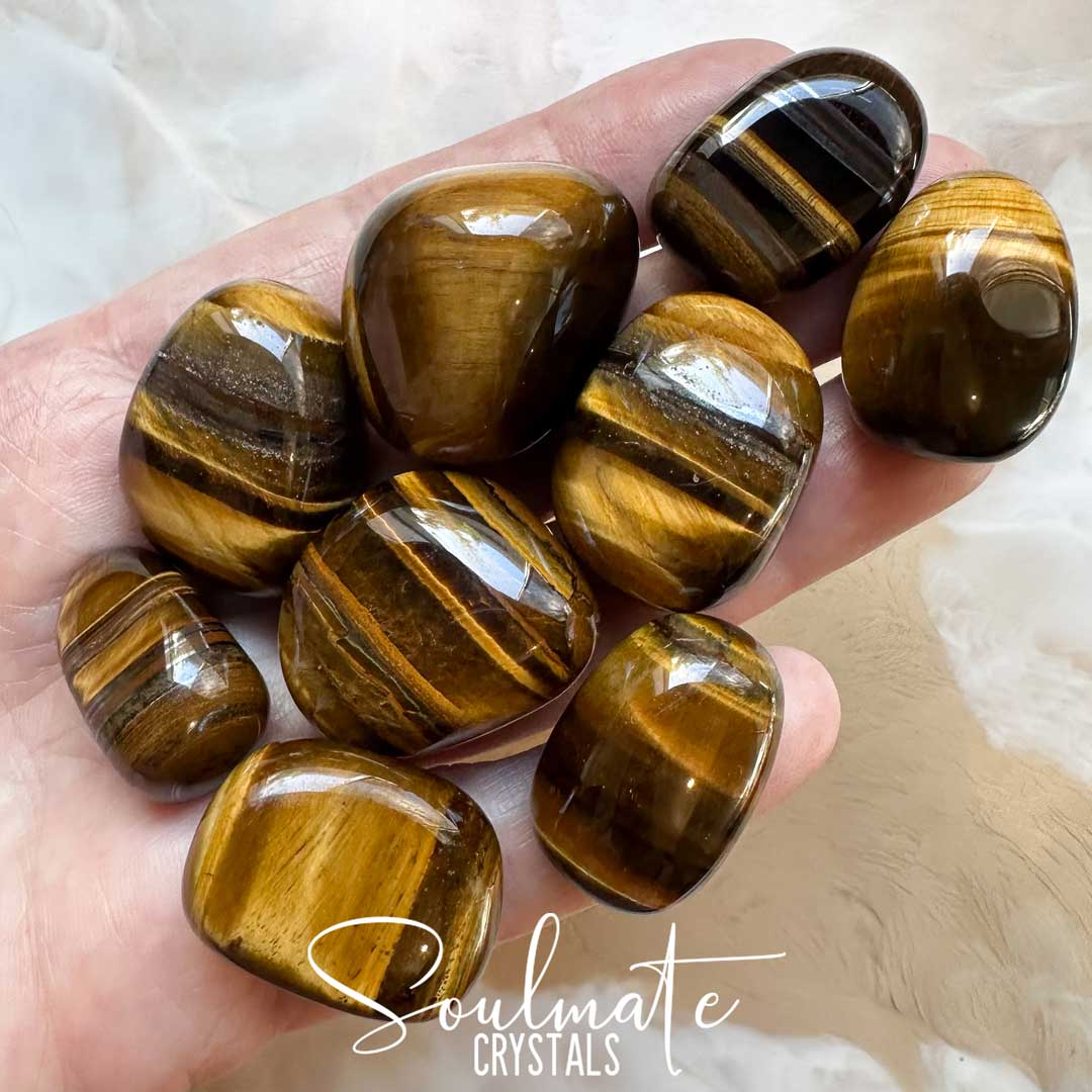 Soulmate Crystals Tiger Eye Gold Tumbled Stone, Golden-Brown Chatoyant Crystal for Courage, Self-Worth, Prosperity, Abundance, Motivation, Wellbeing, Protection, Grounding, Stability, Mood Improvement.
