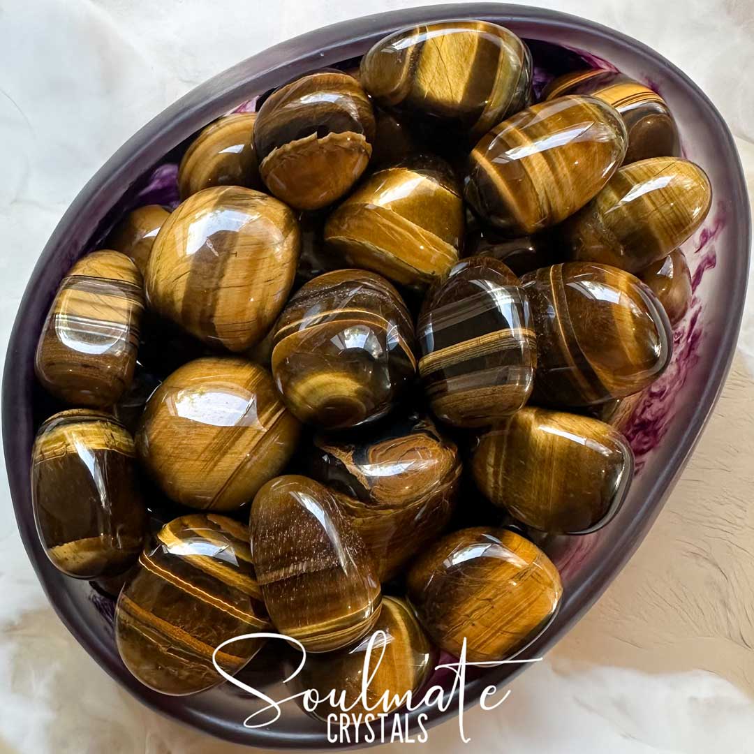Soulmate Crystals Tiger Eye Gold Tumbled Stone, Golden-Brown Chatoyant Crystal for Courage, Self-Worth, Prosperity, Abundance, Motivation, Wellbeing, Protection, Grounding, Stability, Mood Improvement.