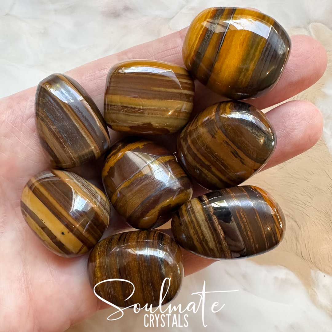 Soulmate Crystals Tiger Iron Desert Gold Tumbled Stone, Polished Combination Tiger Eye Gold, Hematite, Yellow Jasper, Banded Striped Yellow Brown Crystal for Stamina, Strength and Power, Overcoming Fears.