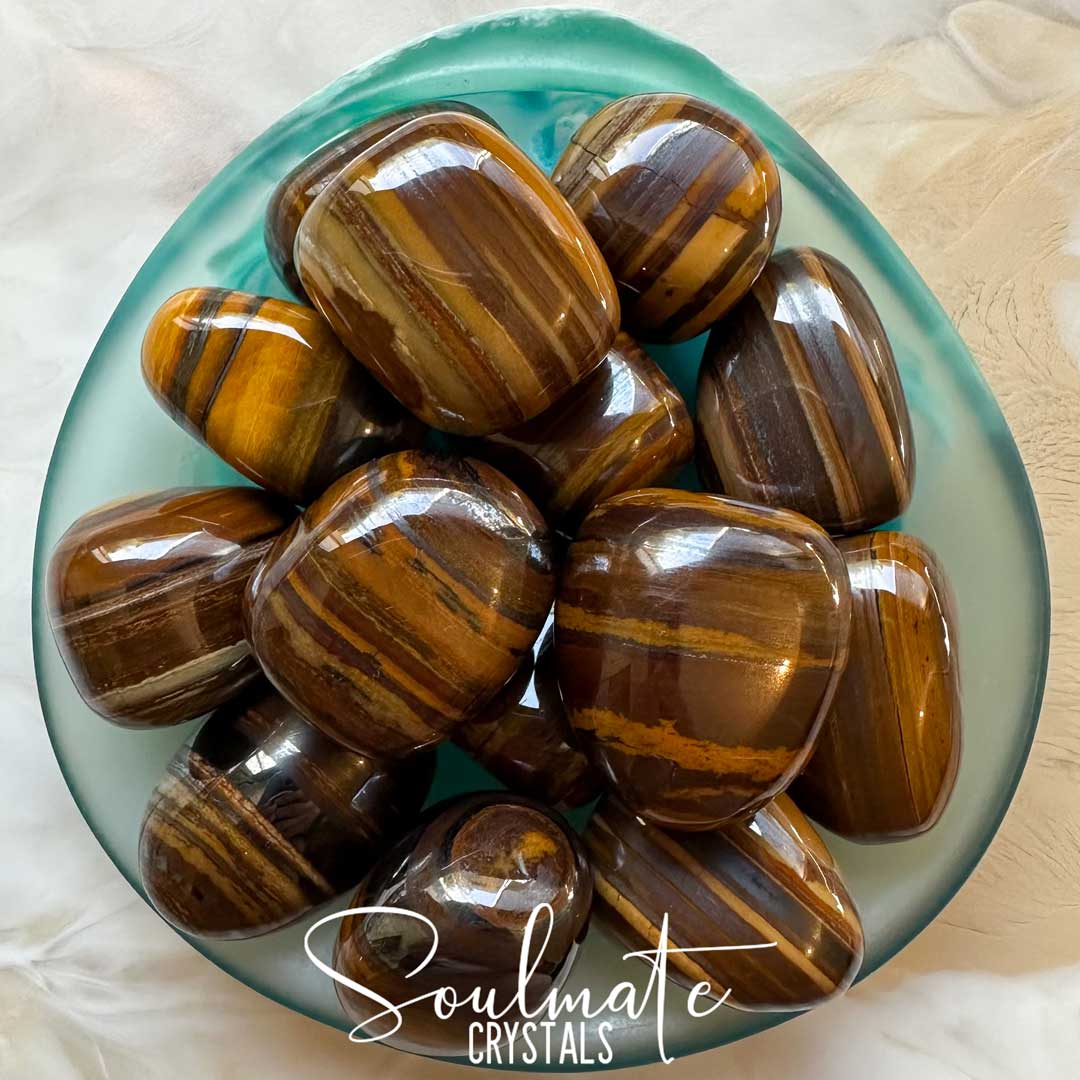 Soulmate Crystals Tiger Iron Desert Gold Tumbled Stone, Polished Combination Tiger Eye Gold, Hematite, Yellow Jasper, Banded Striped Yellow Brown Crystal for Stamina, Strength and Power, Overcoming Fears.