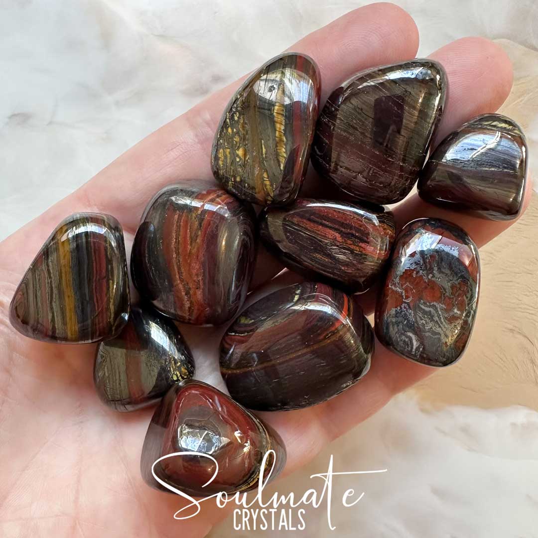 Soulmate Crystals Tiger Iron Tumbled Stone, Red Jasper, Hematite, Gold Tiger Eye Combination Mineral Banded Crystal for Stamima, Protection, Empowerment, Confidence, Strength, Wisdom.