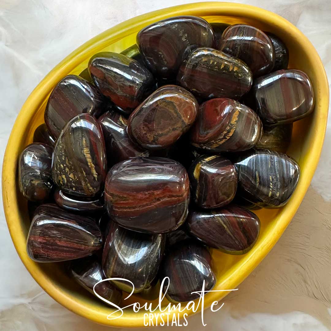 Soulmate Crystals Tiger Iron Tumbled Stone, Red Jasper, Hematite, Gold Tiger Eye Combination Mineral Banded Crystal for Stamima, Protection, Empowerment, Confidence, Strength, Wisdom.