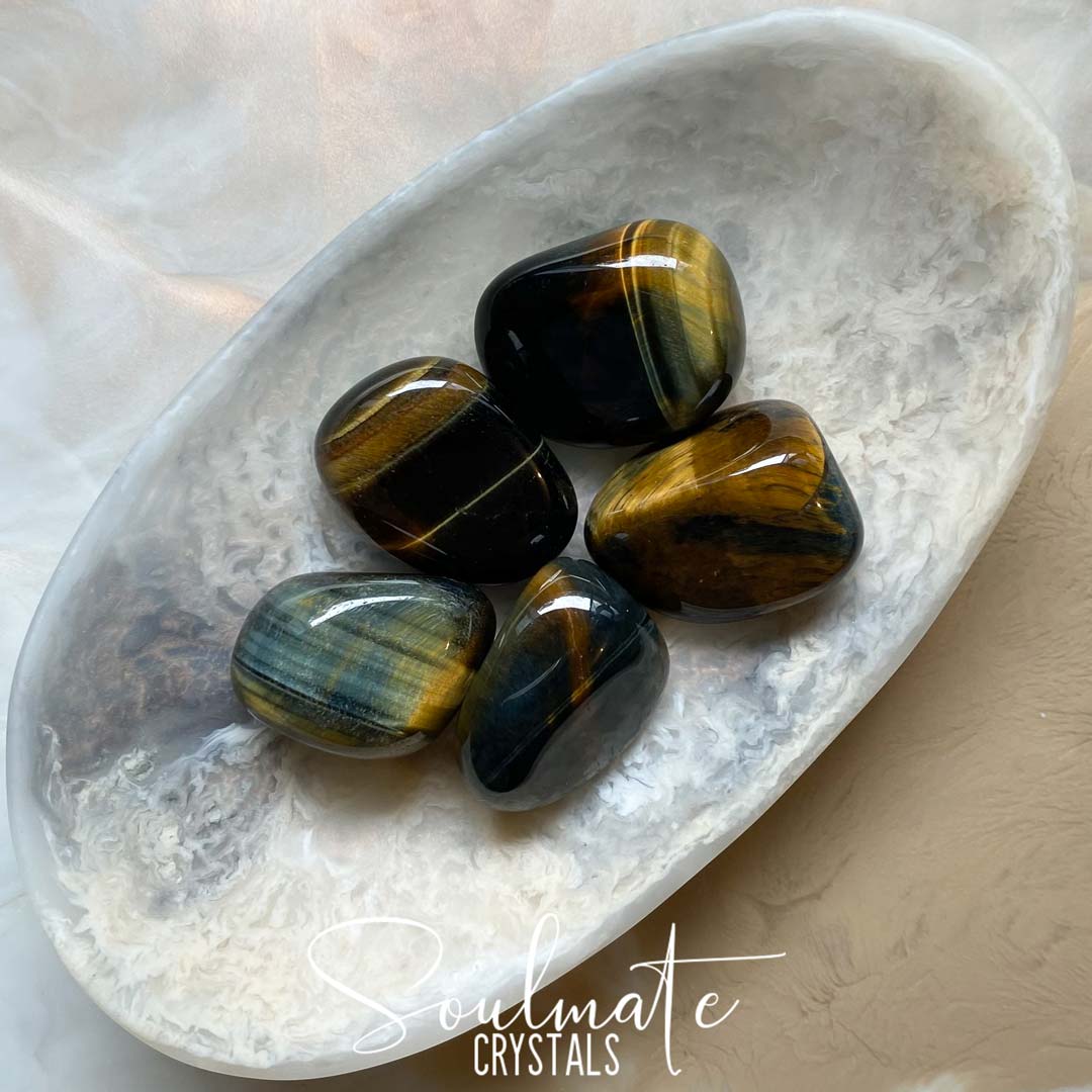 Soulmate Crystals Blue Gold Tiger’s Eye Tumbled Stone, Polished Chatoyant Gold Blue Crystal for Wisdom, Guidance and Protection.