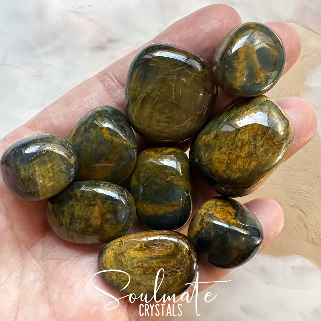 Soulmate Crystals Tigrina Nellite Tumbled Stone, Blue Tiger Eye Pietersite Combination Mineral, Blue Gold Crystal for Insight, Visioning, Acceptance, Third Eye, Honey Stone.
