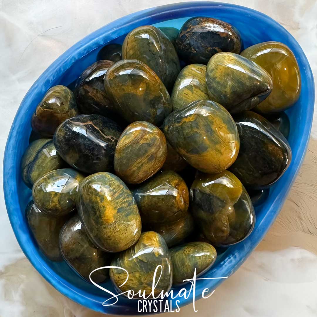Soulmate Crystals Tigrina Nellite Tumbled Stone, Blue Tiger Eye Pietersite Combination Mineral, Blue Gold Crystal for Insight, Visioning, Acceptance, Third Eye, Honey Stone.