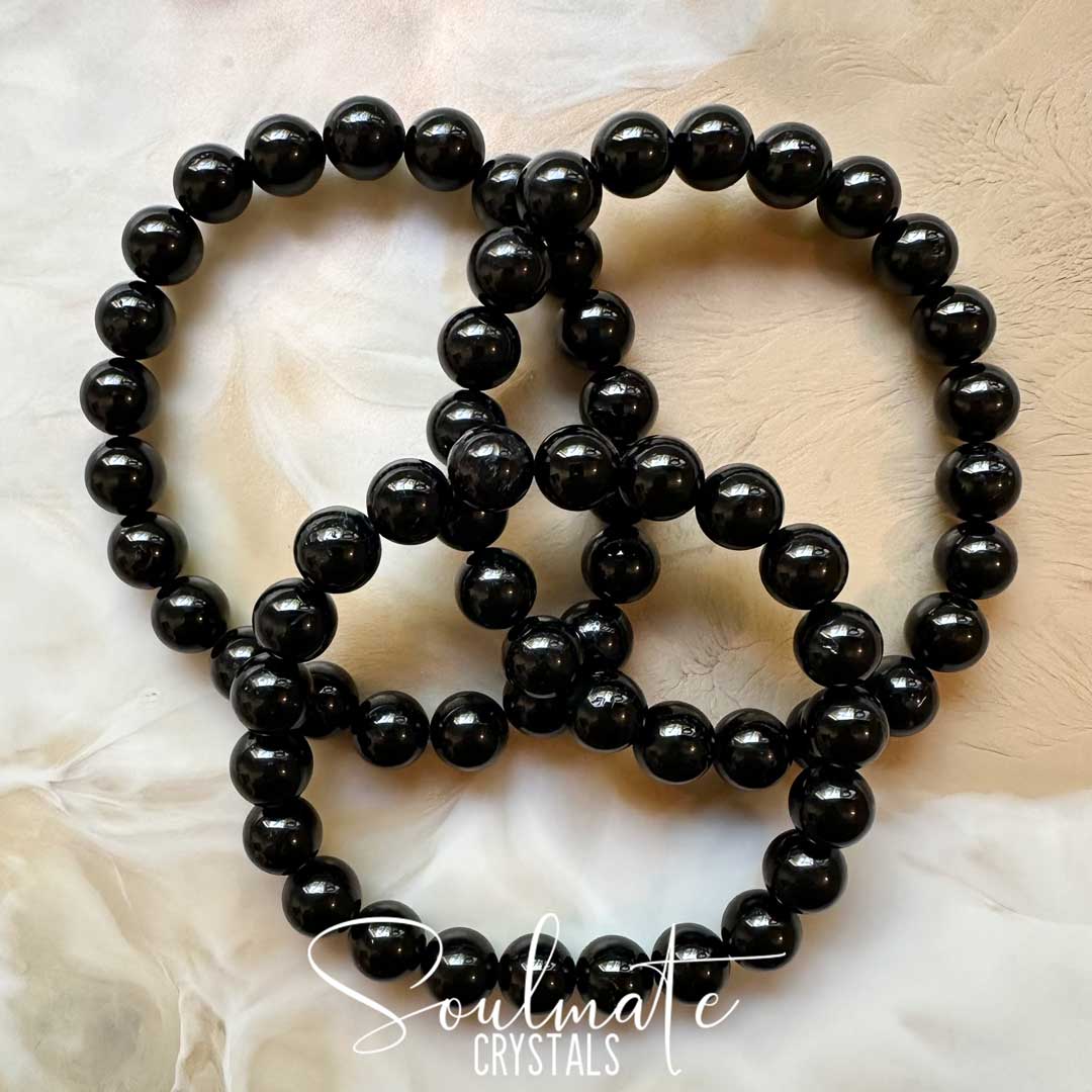 Soulmate Crystals Black Tourmaline Polished Crystal Bracelet, Black Crystal for EMF Protection, Grounding, Restoration and Shield Negativity Beaded Stretch Bracelet, Wearable Crystal Jewellery