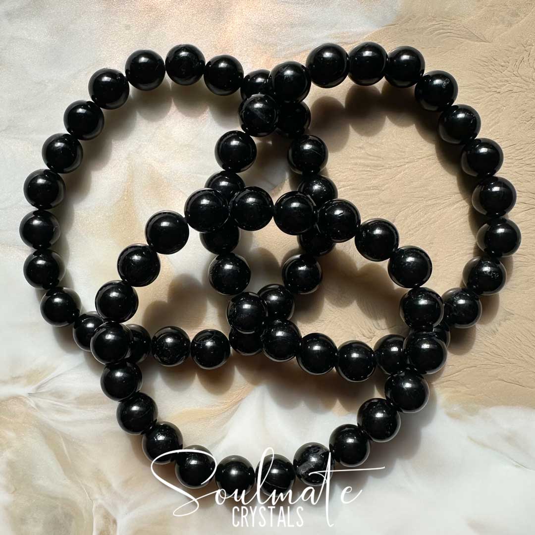 Soulmate Crystals Black Tourmaline Polished Crystal Bracelet, Black Crystal for EMF Protection, Grounding, Restoration and Shield Negativity, Stretchy Beaded Crystal Bracelet, Wearable Crystal Jewellery.