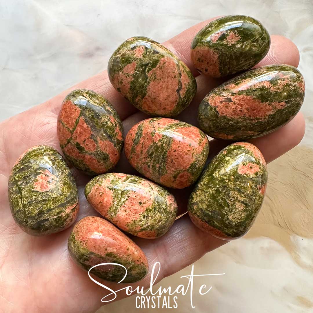 Soulmate Crystals Unakite Tumbled Stone, Combination Pink Green Crystal for Grounding, Unity, Emotional Wellbeing, Abundance, Luck, Heart Chakra Alignment, Balance, Calming.