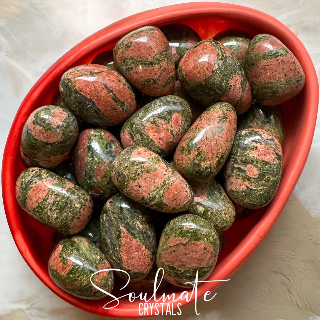 Soulmate Crystals Unakite Tumbled Stone, Combination Pink Green Crystal for Grounding, Unity, Emotional Wellbeing, Abundance, Luck, Heart Chakra Alignment, Balance, Calming.
