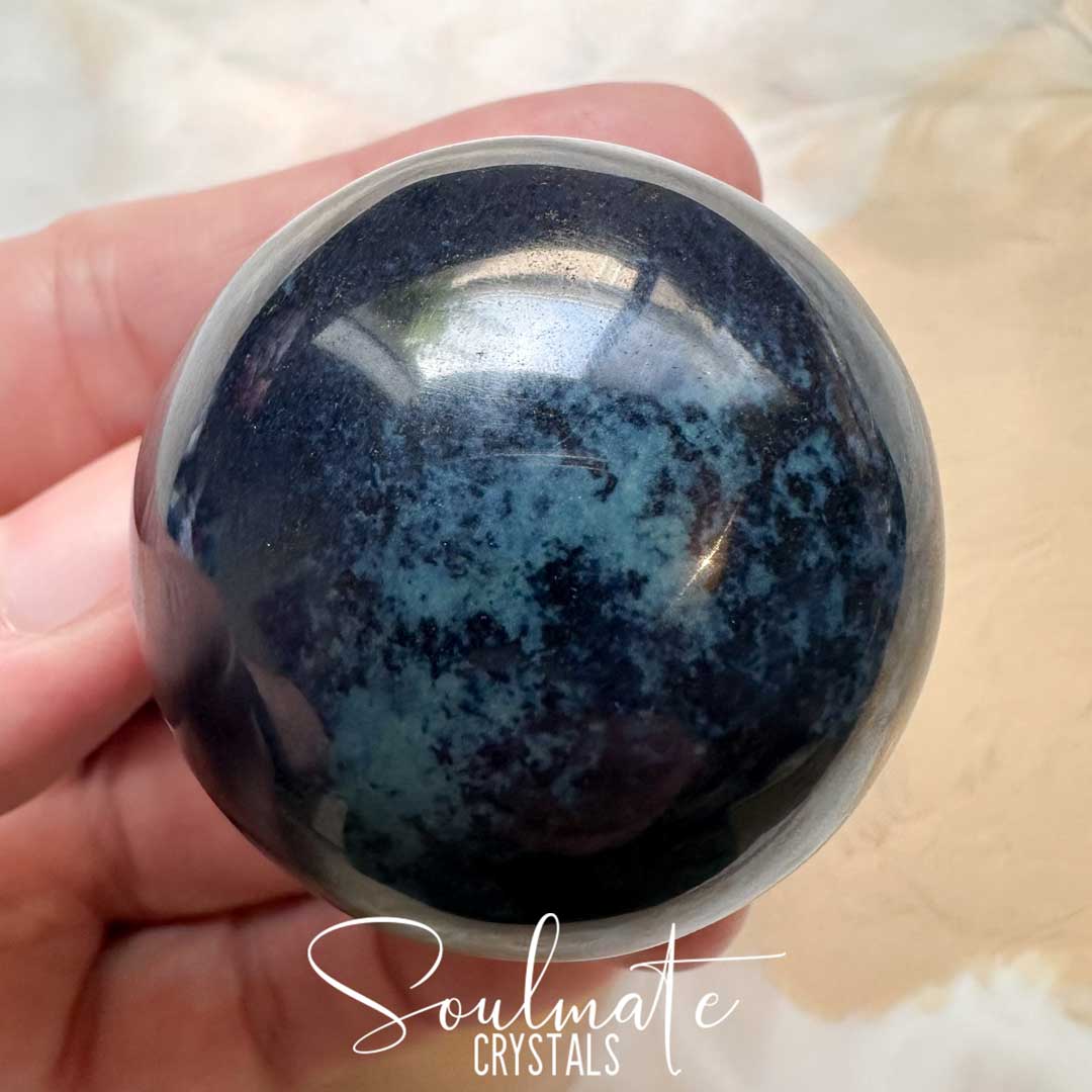 Soulmate Crystals Vivianite Polished Crystal Sphere, Rare Blue Green Crystal for Restoration, Calm and Stress Relief