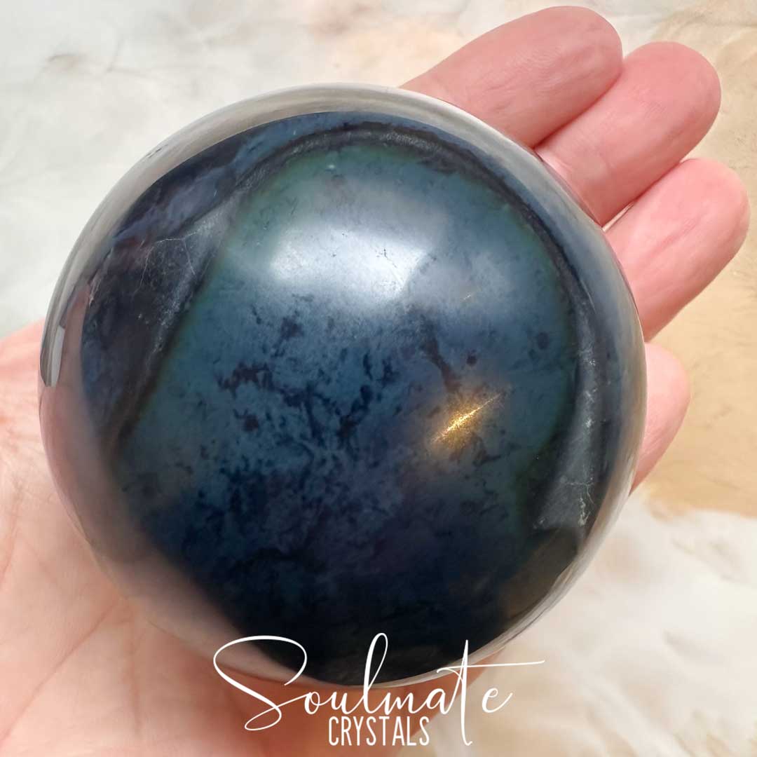 Soulmate Crystals Vivianite Polished Crystal Sphere, Rare Blue Green Crystal for Restoration, Calm and Stress Relief