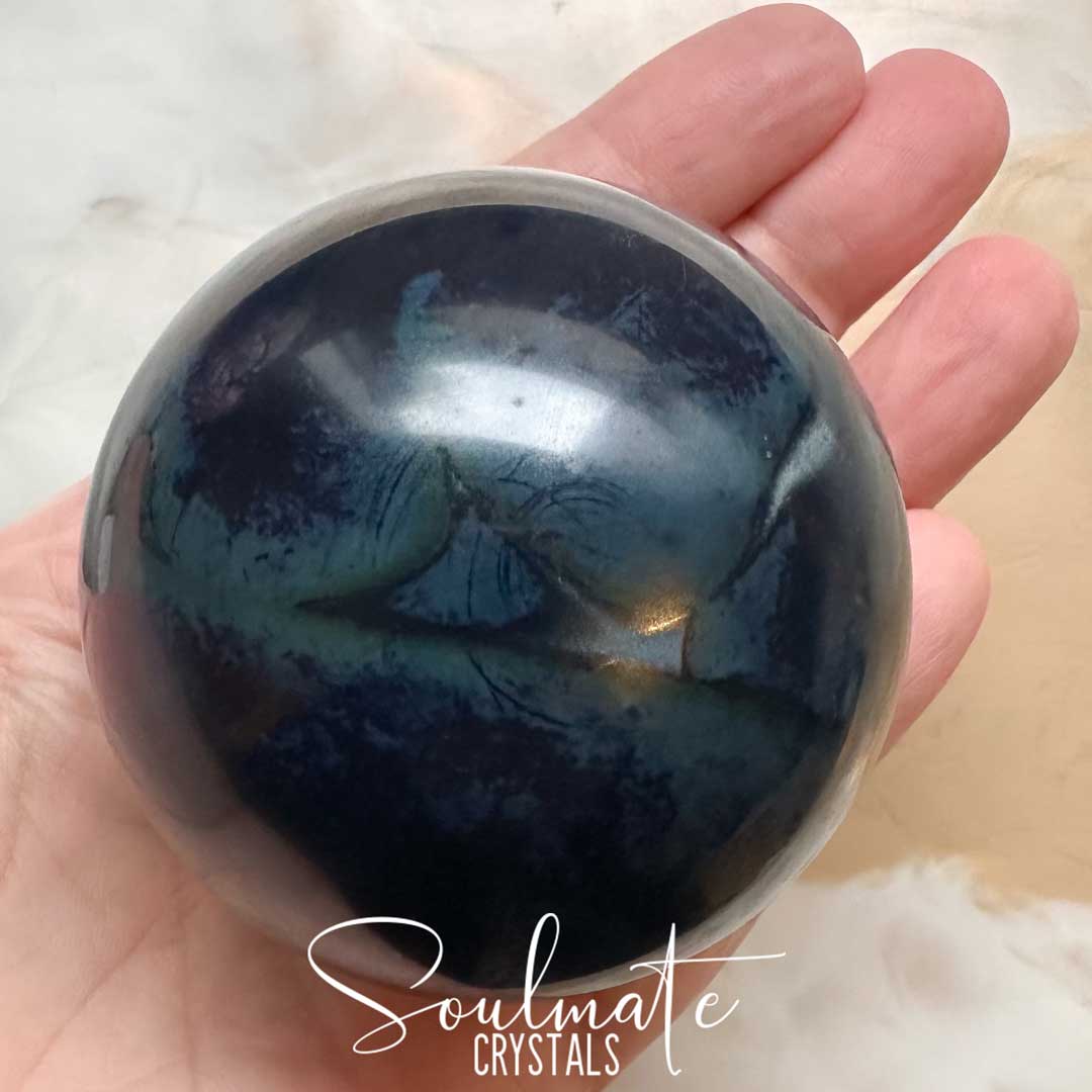 Soulmate Crystals Vivianite Polished Crystal Sphere, Rare Blue Green Crystal for Restoration, Calm and Stress Relief