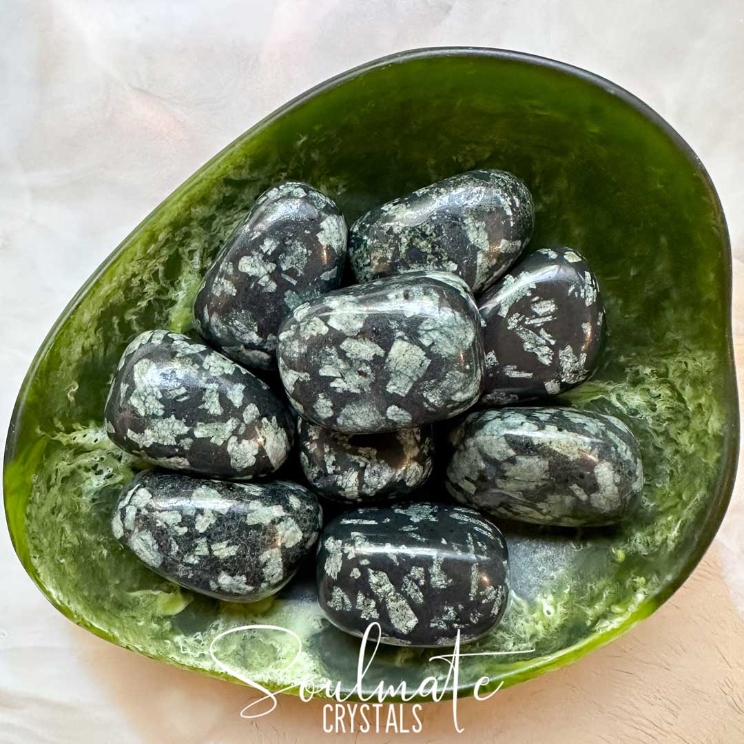 Soulmate Crystals Writing Stone Dark Green Tumbled Stone, Rice Grain Shaped Pattern in Green Crystal for Creativity, Alignment, Expansion, Goals, Studying, Writing.