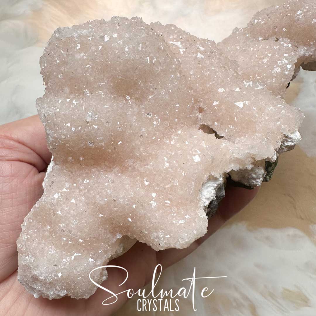 Soulmate Crystals Zeolite Apophyllite  Pink Diamond Sugar Micro Druzy Raw Mineral Specimen First Quality, Blush Pink Crystal for Cleansing, Serenity, Light, Restoration, Spirituality, Emotional Wellbeing, Self-Love, Nurturing, Serenity, Happiness, Harmony, Energetically Transformational Healing Crystals.