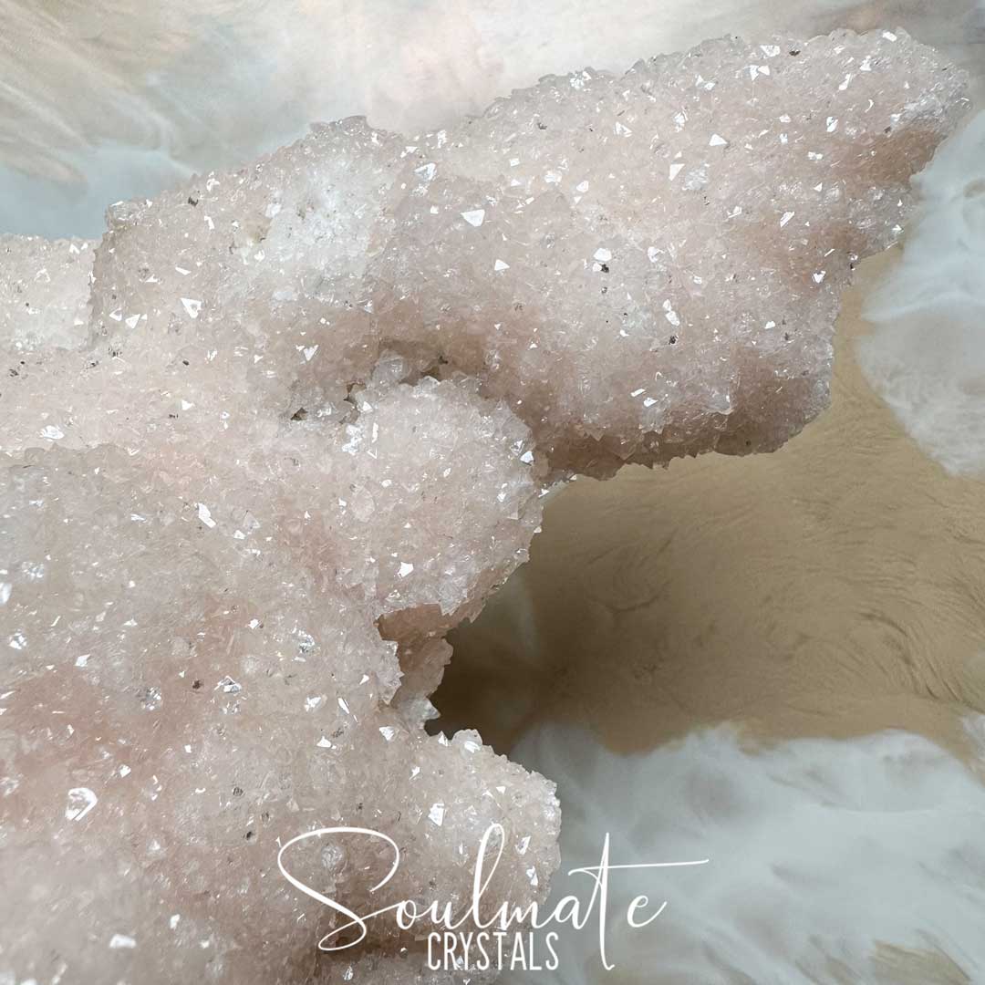 Soulmate Crystals Zeolite Apophyllite  Pink Diamond Sugar Micro Druzy Raw Mineral Specimen First Quality, Blush Pink Crystal for Cleansing, Serenity, Light, Restoration, Spirituality, Emotional Wellbeing, Self-Love, Nurturing, Serenity, Happiness, Harmony, Energetically Transformational Healing Crystals.