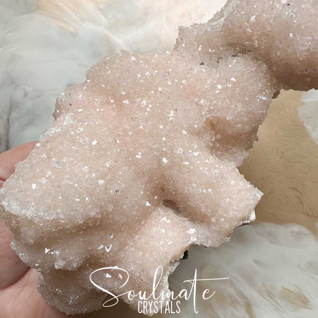 Soulmate Crystals Zeolite Apophyllite  Pink Diamond Sugar Micro Druzy Raw Mineral Specimen First Quality, Blush Pink Crystal for Cleansing, Serenity, Light, Restoration, Spirituality, Emotional Wellbeing, Self-Love, Nurturing, Serenity, Happiness, Harmony, Energetically Transformational Healing Crystals.