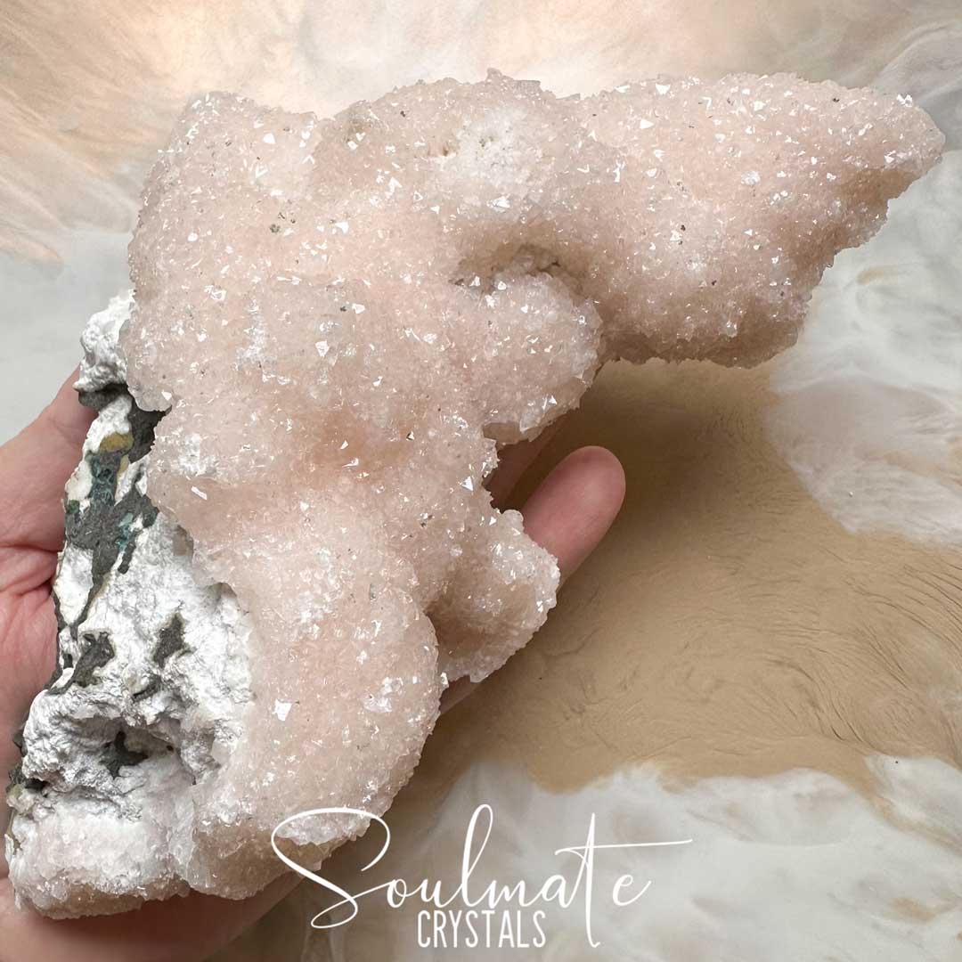 Soulmate Crystals Zeolite Apophyllite  Pink Diamond Sugar Micro Druzy Raw Mineral Specimen First Quality, Blush Pink Crystal for Cleansing, Serenity, Light, Restoration, Spirituality, Emotional Wellbeing, Self-Love, Nurturing, Serenity, Happiness, Harmony, Energetically Transformational Healing Crystals.