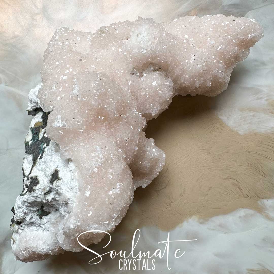 Soulmate Crystals Zeolite Apophyllite  Pink Diamond Sugar Micro Druzy Raw Mineral Specimen First Quality, Blush Pink Crystal for Cleansing, Serenity, Light, Restoration, Spirituality, Emotional Wellbeing, Self-Love, Nurturing, Serenity, Happiness, Harmony, Energetically Transformational Healing Crystals.