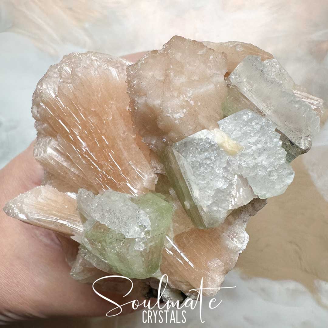 Soulmate Crystals Zeolite Stilbite Peach Apophyllite Green Raw Mineral Specimen First Quality, High Vibration Crystal for Cleansing, Serenity, Light, Harmonising, Energetic Transformation, Nurturing.