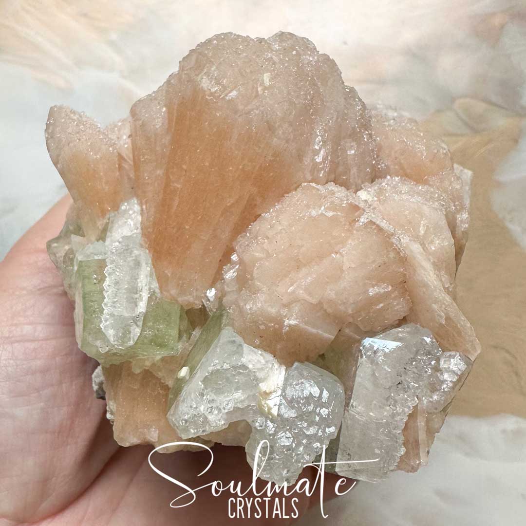 Soulmate Crystals Zeolite Stilbite Peach Apophyllite Green Raw Mineral Specimen First Quality, High Vibration Crystal for Cleansing, Serenity, Light, Harmonising, Energetic Transformation, Nurturing.