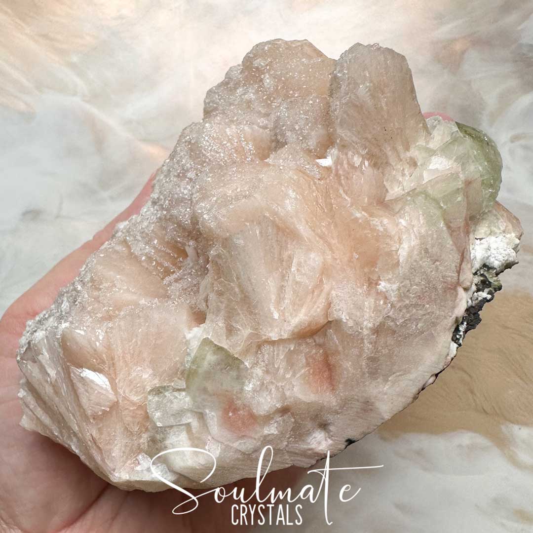 Soulmate Crystals Zeolite Stilbite Peach Apophyllite Green Raw Mineral Specimen First Quality, High Vibration Crystal for Cleansing, Serenity, Light, Harmonising, Energetic Transformation, Nurturing.
