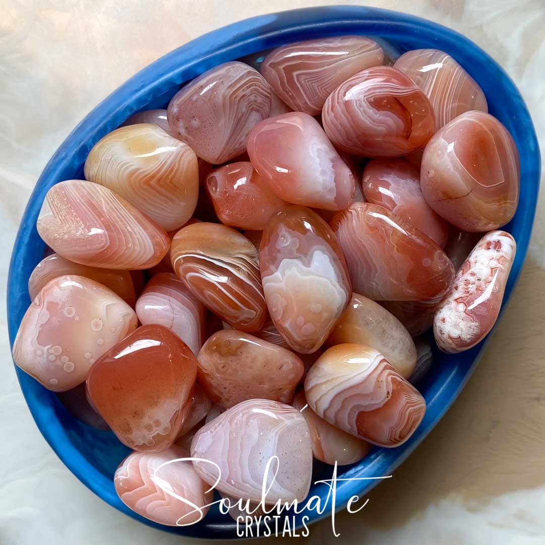 Soulmate Crystals Apricot Agate Tumbled Stone, White Banded Orange-Peachy-Pink Crystal for Calm, Grounding, Balance.