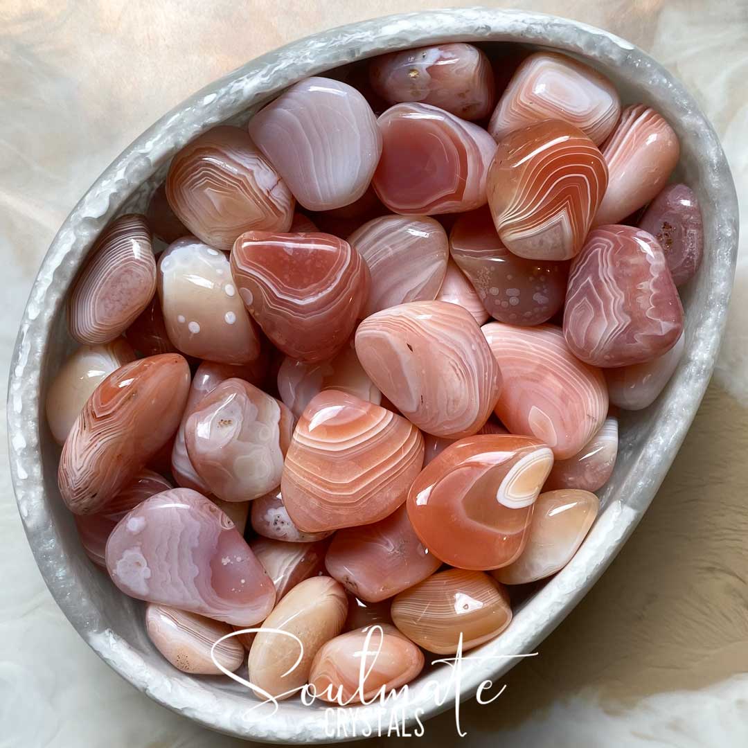 Soulmate Crystals Apricot Agate Tumbled Stone, White Banded Orange-Peachy-Pink Crystal for Calm, Grounding, Balance.