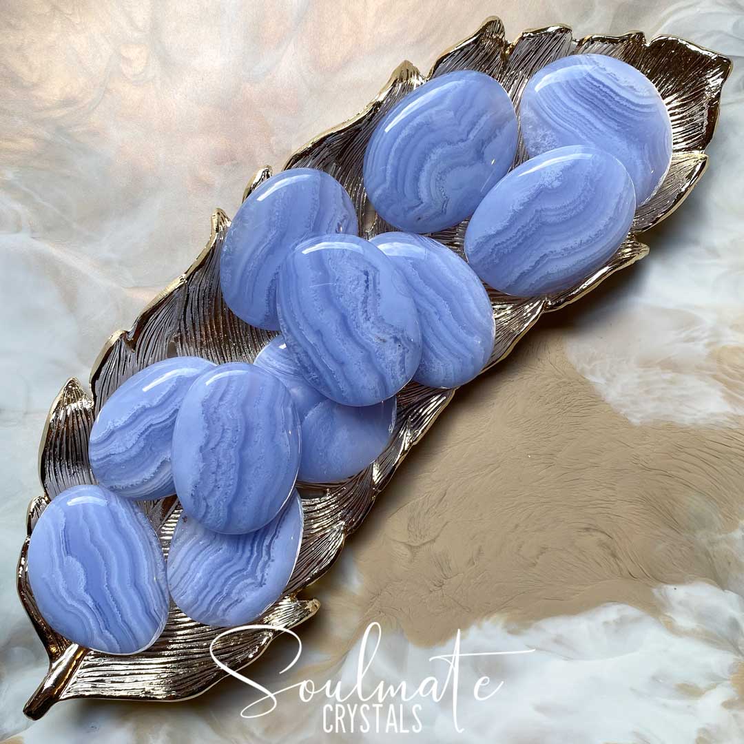 Soulmate Crystals Blue Lace Agate Polished Crystal Palm Stone, White Banded, Light Blue Crystal for Calm, Communication, Self-Expression, Speaking Your Truth, Stress Relief, Peacefulness.