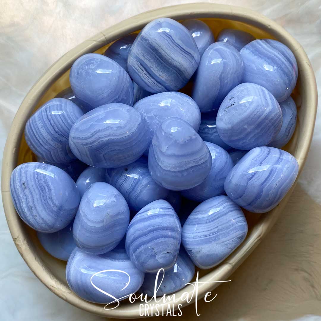 Soulmate Crystals Blue Lace Agate Tumbled Stone, Polished White Banded, Light Blue Crystal for Calm, Communication, Self-Expression, Speaking Your Truth, Stress Relief, Peacefulness.