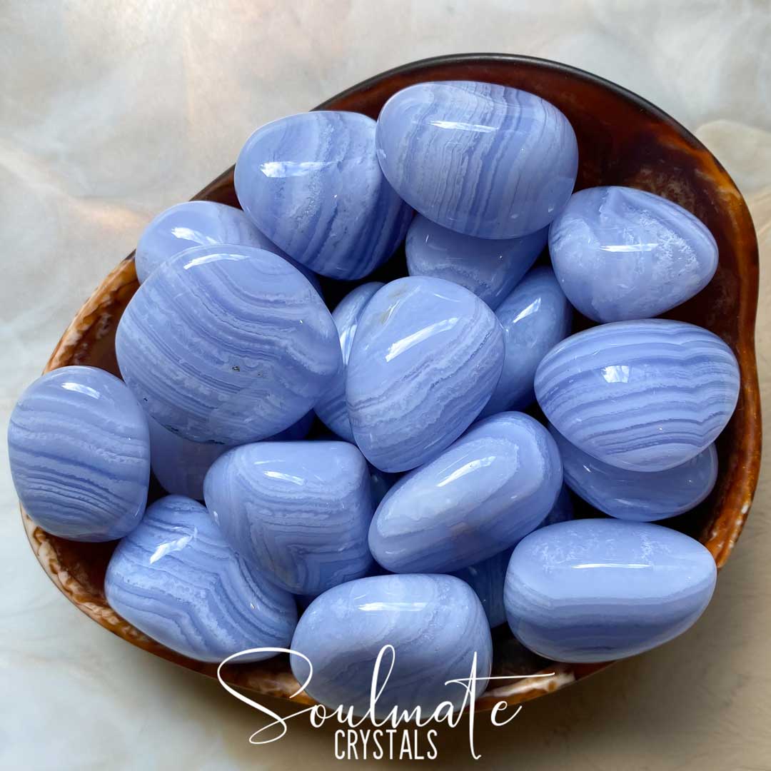 Soulmate Crystals Blue Lace Agate Tumbled Stone, Polished White Banded, Light Blue Crystal for Calm, Communication, Self-Expression, Speaking Your Truth, Stress Relief, Peacefulness.