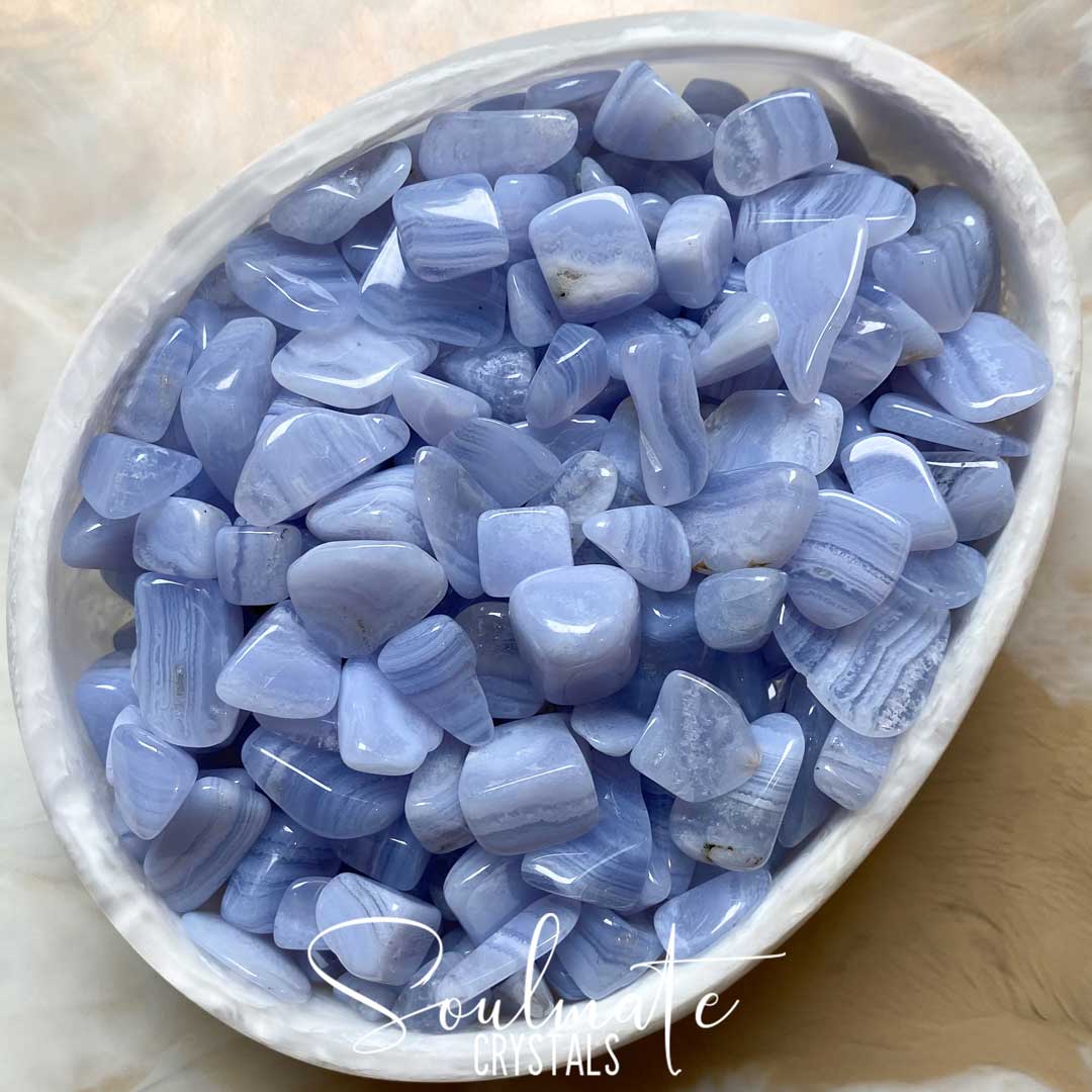 Soulmate Crystals Blue Lace Agate Tumbled Stone, Polished White Banded, Light Blue Crystal for Calm, Communication and Self-Expression