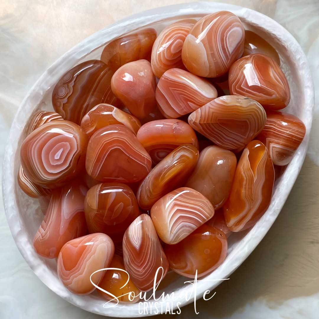 Soulmate Crystals Carnelian Banded Tumbled Stone, Polished White Banded, Orange Crystal for Mindfulness, Vitality and Creativity