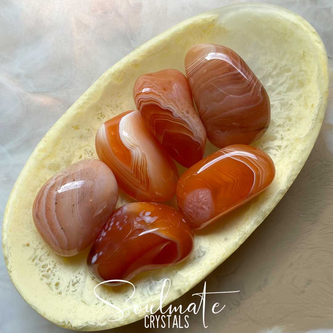 Soulmate Crystals Carnelian Banded Tumbled Stone, Polished White Banded, Orange Crystal for Mindfulness, Vitality and Creativity