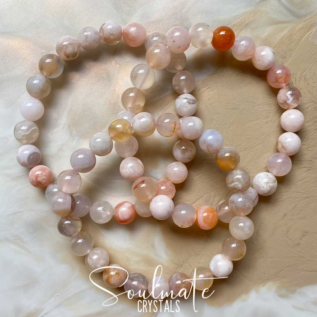 Soulmate Crystals Agate Flower Blossom Agate Polished Crystal Bracelet, Blush Crystal for Positivity and Expansion, Jewellery, Wearable Crystal Bracelet, Beaded Crystal Bracelet