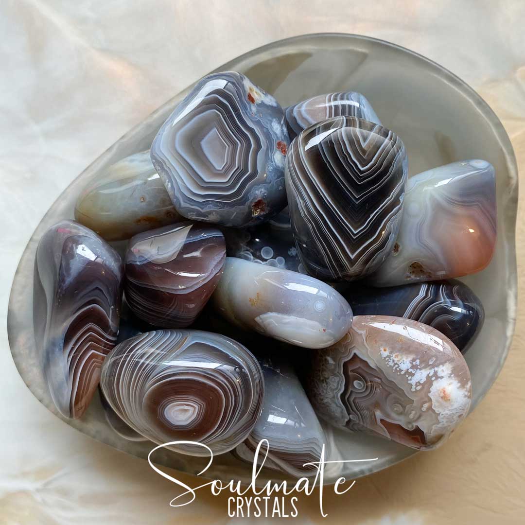 Soulmate Crystals Botswana Agate Grey Tumbled Stone, Banded Brown, Grey, Neutral Toned Crystal for Visioning, Mental Clarity, Stability, Self-Confidence, Nurturing, Comfort, Protection, Strength.