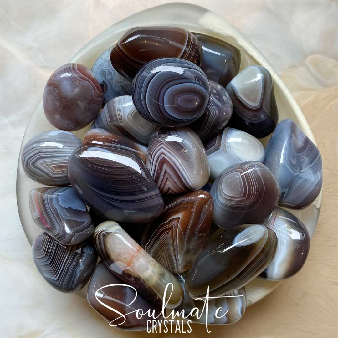 Soulmate Crystals Botswana Agate Grey Tumbled Stone, Banded Brown, Grey, Neutral Toned Crystal for Visioning, Mental Clarity, Stability, Self-Confidence, Nurturing, Comfort, Protection, Strength.
